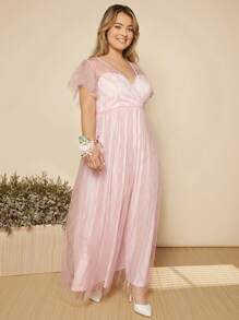 SHEIN Belle Trang phục phù dâu cho phụ nữ Plus cườm đính Ngọc trai Trọn gói Dây kéo màu trơn - Màu Hồng baby - Xem 4