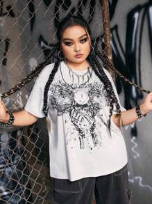 ROMWE Grunge Punk Áo thun Plus size Lễ Các Thánh Lá thư Giải trí - Màu Xám nhạt - Xem 1