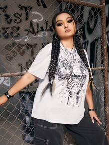 ROMWE Grunge Punk Áo thun Plus size Lễ Các Thánh Lá thư Giải trí - Màu Xám nhạt - Xem 3