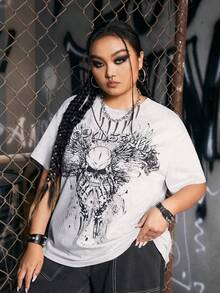 ROMWE Grunge Punk Áo thun Plus size Lễ Các Thánh Lá thư Giải trí - Màu Xám nhạt - Xem 4