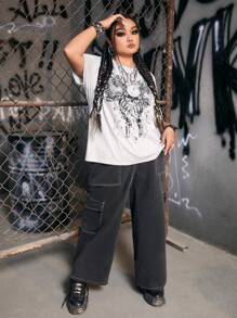 ROMWE Grunge Punk Áo thun Plus size Lễ Các Thánh Lá thư Giải trí - Màu Xám nhạt - Xem 5