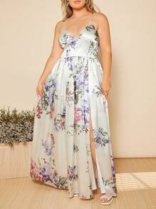 SHEIN Belle Plus Floral Print Split Thigh Cami Dress - Multicolor - View 3