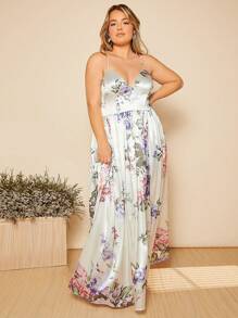 SHEIN Belle Plus Floral Print Split Thigh Cami Dress - Multicolor - View 4