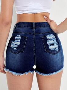 Ripped Raw Hem Denim Shorts - Dark Wash - View 3
