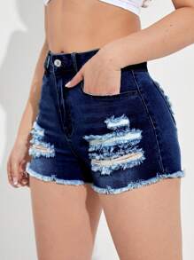 Ripped Raw Hem Denim Shorts - Dark Wash - View 4