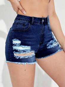 Ripped Raw Hem Denim Shorts - Dark Wash - View 5