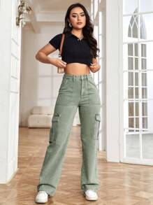 Flap Pocket Side Cargo Jeans - Army Green - View 6