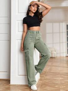 Flap Pocket Side Cargo Jeans - Army Green - View 7