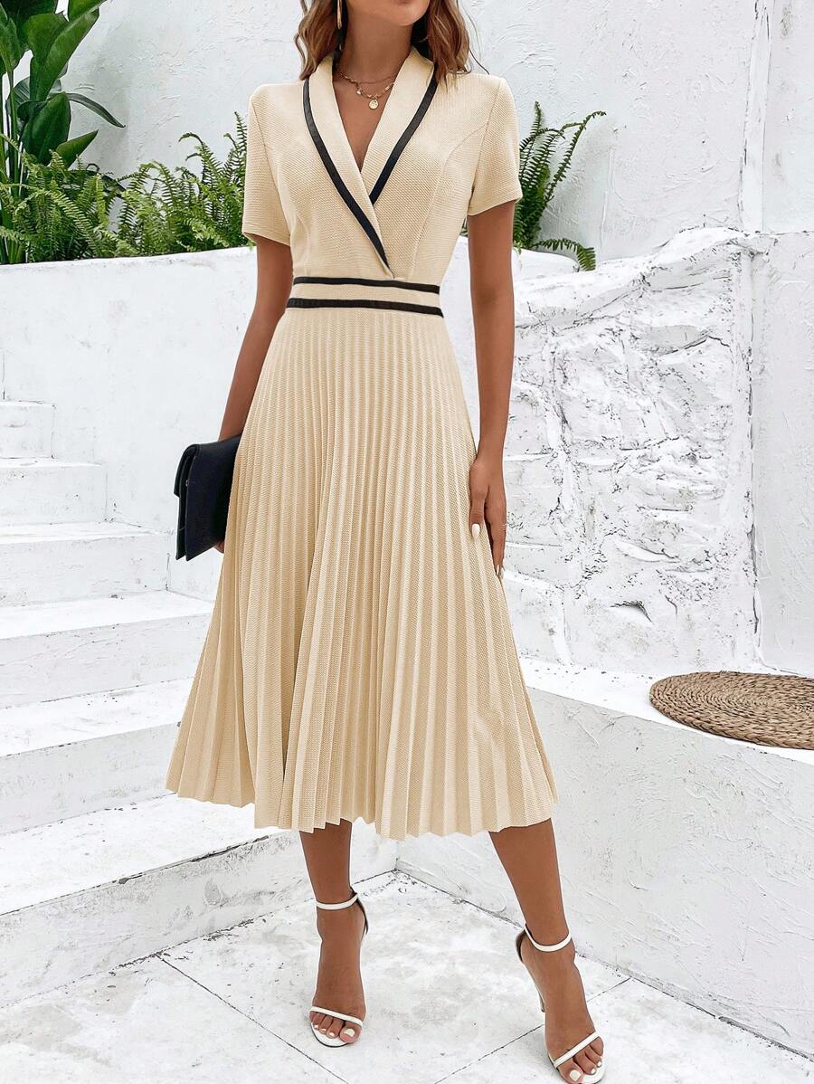 SHEIN Clasi 撞色滾邊百褶下擺洋裝 - 米色 - 查看 1