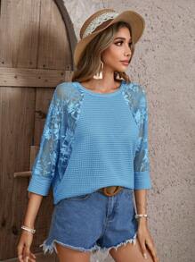SHEIN Clasi 蕾絲拼接插肩袖華夫格編織上衣 - 淺藍色 - 查看 5