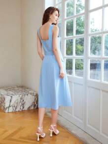 MOTF PREMIUM Đầm Midi Thắt lưng Dây đeo rộng - Màu xanh nhạt - Xem 3