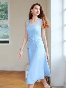 MOTF PREMIUM Đầm Midi Thắt lưng Dây đeo rộng - Màu xanh nhạt - Xem 4