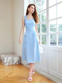 MOTF PREMIUM Đầm Midi Thắt lưng Dây đeo rộng - Màu xanh nhạt - Xem 5