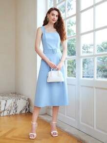 MOTF PREMIUM Đầm Midi Thắt lưng Dây đeo rộng - Màu xanh nhạt - Xem 6