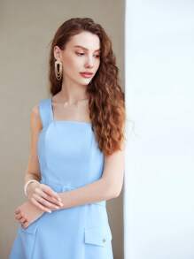 MOTF PREMIUM Đầm Midi Thắt lưng Dây đeo rộng - Màu xanh nhạt - Xem 8