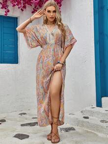 佩斯利印花高衩連衣裙 - 彩色 - 查看 5