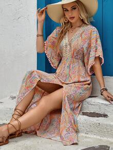 佩斯利印花高衩連衣裙 - 彩色 - 查看 6