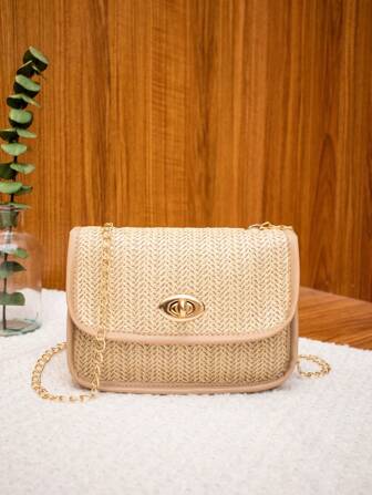 時尚編織鏈子斜跨肩背包，萬用小方包，具有彈扣蓋，流行款式方便攜帶手機及零錢的女士包