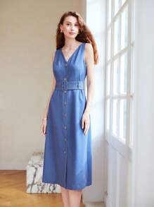 MOTF PREMIUM VESTIDO DE TIRANTES DE VERANO CON CUELLO EN V SÓLIDO CON CINTURÓN PARA MUJER - Azul - Ver 4