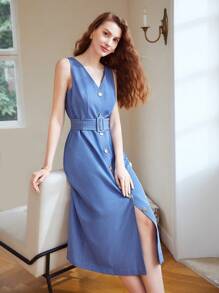 MOTF PREMIUM VESTIDO DE TIRANTES DE VERANO CON CUELLO EN V SÓLIDO CON CINTURÓN PARA MUJER - Azul - Ver 5