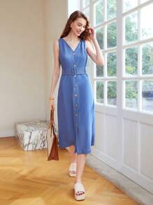 MOTF PREMIUM VESTIDO DE TIRANTES DE VERANO CON CUELLO EN V SÓLIDO CON CINTURÓN PARA MUJER - Azul - Ver 6