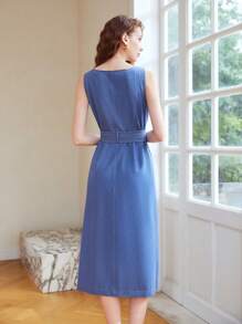 MOTF PREMIUM VESTIDO DE TIRANTES DE VERANO CON CUELLO EN V SÓLIDO CON CINTURÓN PARA MUJER - Azul - Ver 7