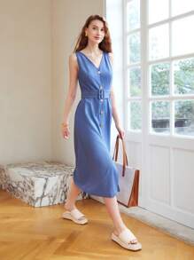 MOTF PREMIUM VESTIDO DE TIRANTES DE VERANO CON CUELLO EN V SÓLIDO CON CINTURÓN PARA MUJER - Azul - Ver 8