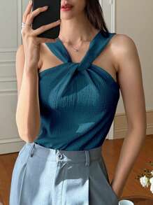 DAZY 純色扭結前面設計上衣 - 水鴨藍 - 查看 3