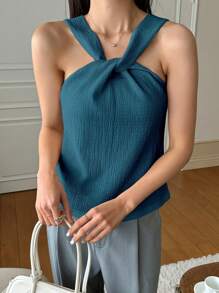 DAZY 純色扭結前面設計上衣 - 水鴨藍 - 查看 5