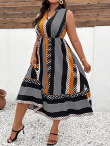 SHEIN Clasi Plus Polka Dot & Striped Print Ruffle Hem Dress - Multicolor - View 5