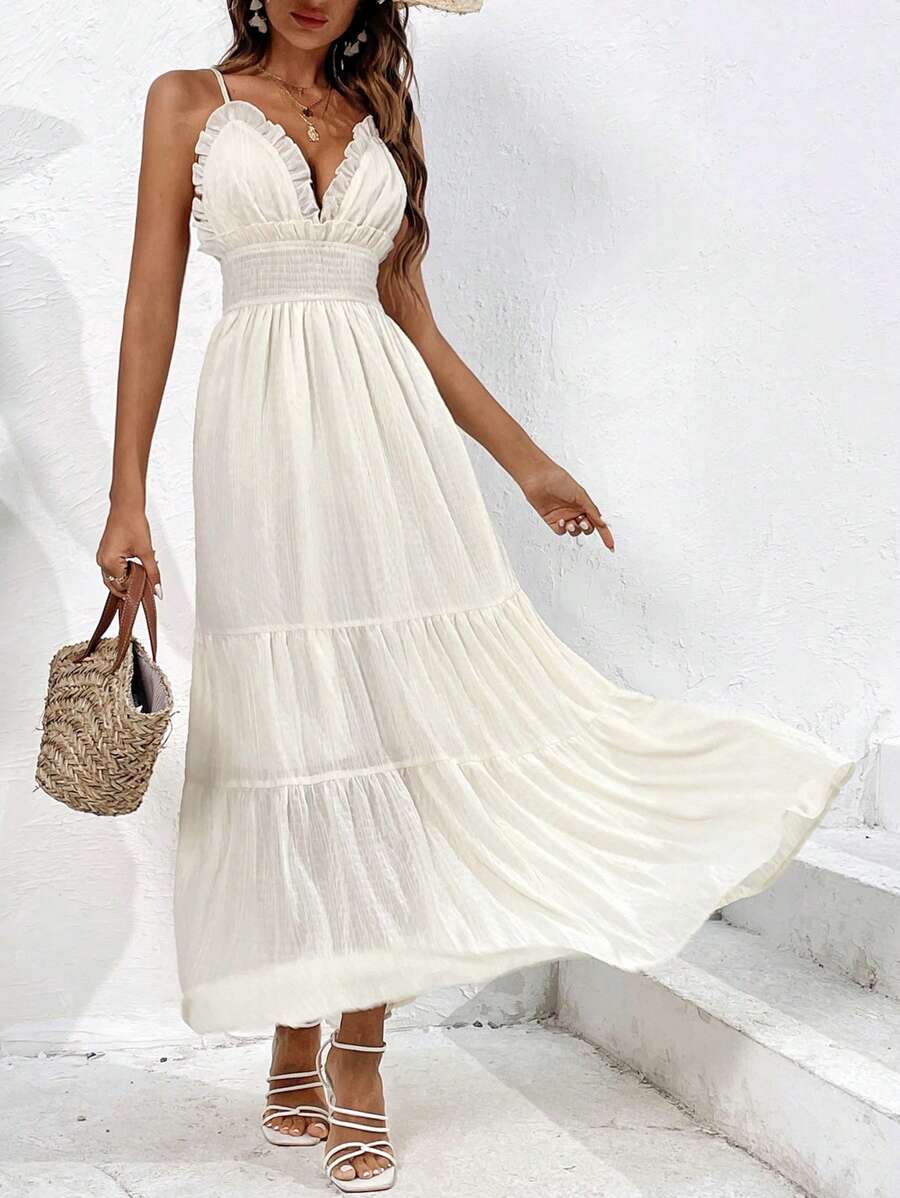 SHEIN VCAY 素色荷葉邊吊帶連衣裙 - 米色 - 查看 1