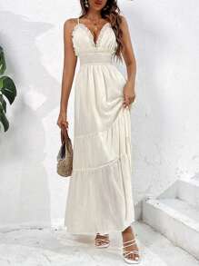 SHEIN VCAY 素色荷葉邊吊帶連衣裙 - 米色 - 查看 3