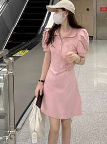 Vestido unicolor de manga farol de cuello polo fruncido - Rosa Pálido - Ver 1