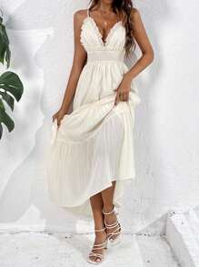 SHEIN VCAY 素色荷葉邊吊帶連衣裙 - 米色 - 查看 6