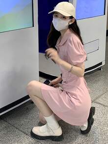 Vestido unicolor de manga farol de cuello polo fruncido - Rosa Pálido - Ver 5