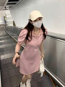 Vestido unicolor de manga farol de cuello polo fruncido - Rosa Pálido - Ver 6