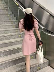 Vestido unicolor de manga farol de cuello polo fruncido - Rosa Pálido - Ver 7