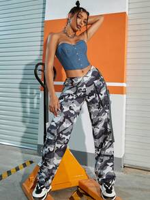 V腰迷彩印花側翻蓋口袋工裝降落傘褲 - 彩色 - 查看 3