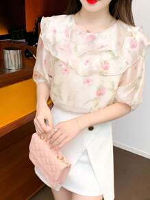 Blusa con estampado floral ribete con fruncido - Albaricoque - Ver 1