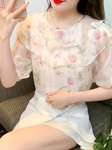 Blusa con estampado floral ribete con fruncido - Albaricoque - Ver 6