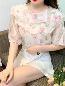 Blusa con estampado floral ribete con fruncido - Albaricoque - Ver 7