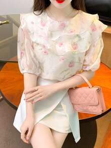 Blusa con estampado floral ribete con fruncido - Albaricoque - Ver 8