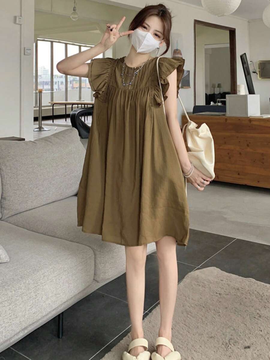 Solid Ruffle Trim Smock Dress - Mocha Brown - View 1