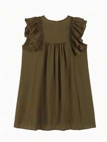 Solid Ruffle Trim Smock Dress - Mocha Brown - View 2