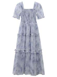 Vestido floral de cuello cuadrado de manga farol bajo con fruncido - Celeste - Ver 2