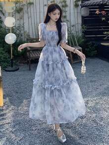 Vestido floral de cuello cuadrado de manga farol bajo con fruncido - Celeste - Ver 3