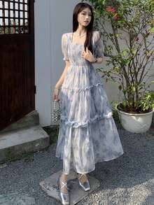 Vestido floral de cuello cuadrado de manga farol bajo con fruncido - Celeste - Ver 4