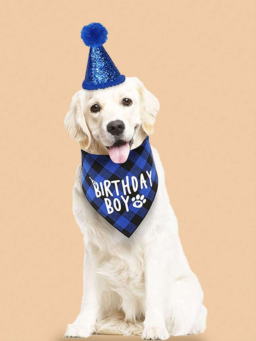 1入組絨球裝飾寵物帽子和1入組標語圖案寵物方巾適用於狗狗和貓適合派對裝飾用品 - 彩色 - 查看 1