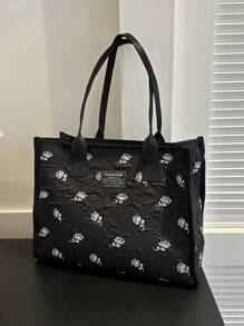 Floral Pattern Letter Patch Decor Shoulder Bag Fashionable Large Capacity - Black - View 1