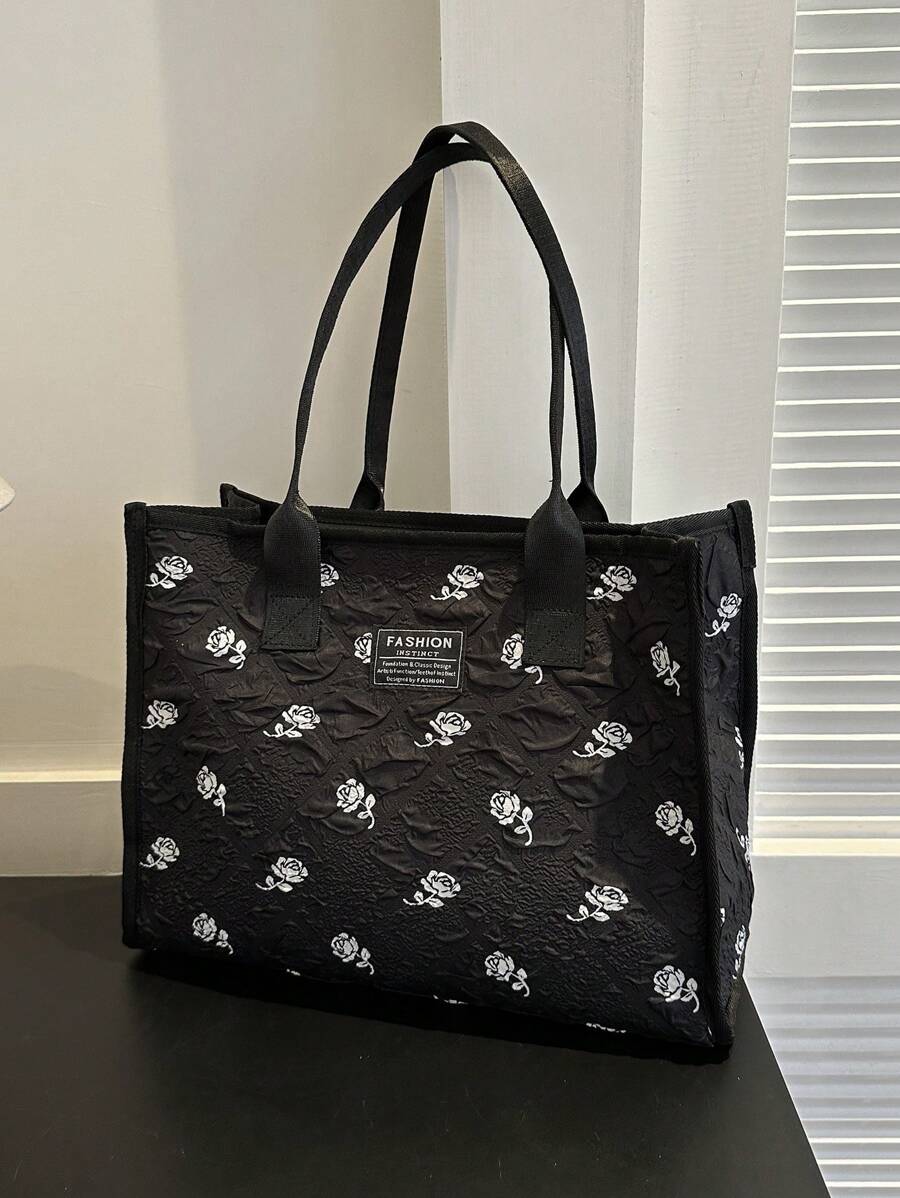 Floral Pattern Letter Patch Decor Shoulder Bag Fashionable Large Capacity - Black - View 1
